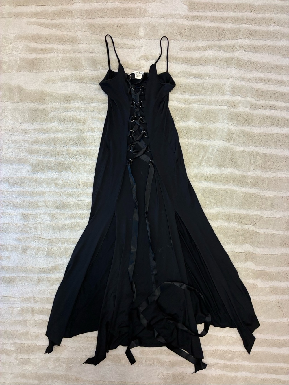 Vintage Y2K Whimsigoth Witchy Black Lace-Up Maxi Dress with Spaghetti Straps